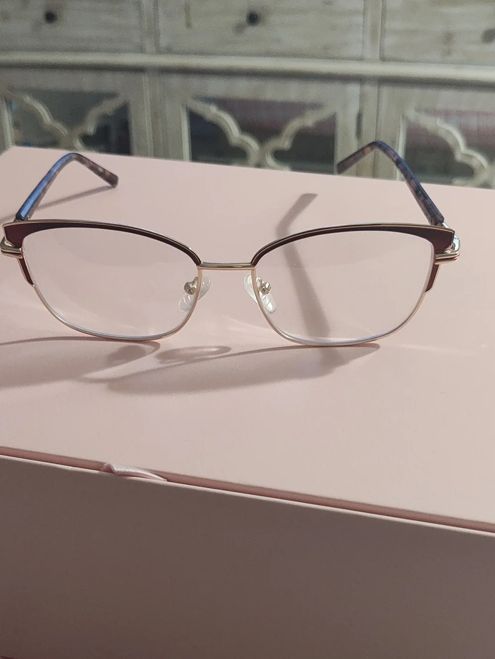 Women's Semi-Rimless Eyeglasses in Burgundy and Gold